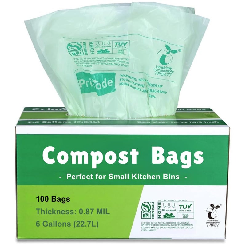 Primode Compostable Bags 6 Gallon Food Scraps Yard Waste Bags 50 Count Extra Thick 087 Mil ASTMD6400 Compost Bags Small Kitchen Trash Bags Certified By BPI And TV AUSTRIA