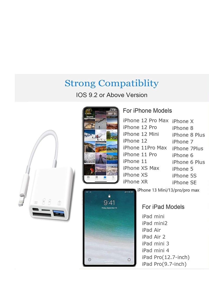 Lightning to4 in 1  SD Card Reader for iPhone, Camera Adapter,USB Female OTG Adapter Compatible SD/TF Card, Memory Card Reader Portable USB 3.0 Adapter,Sd Card Adapter    Compatible DevicesiPhone 14 Pro/14 Pro Max, iPhone 13 Pro/13 Pro Max, iPhone 13 mini, iPhon