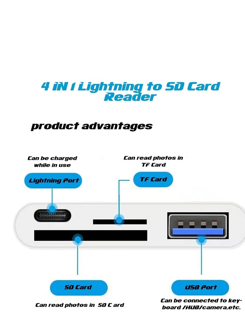 Lightning to4 in 1  SD Card Reader for iPhone, Camera Adapter,USB Female OTG Adapter Compatible SD/TF Card, Memory Card Reader Portable USB 3.0 Adapter,Sd Card Adapter    Compatible DevicesiPhone 14 Pro/14 Pro Max, iPhone 13 Pro/13 Pro Max, iPhone 13 mini, iPhon