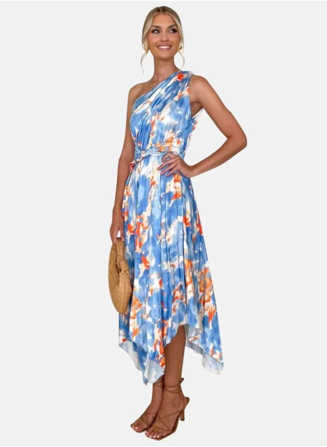 YUNIQEE Floral Printed One Shoulder A-Line Midi Dress