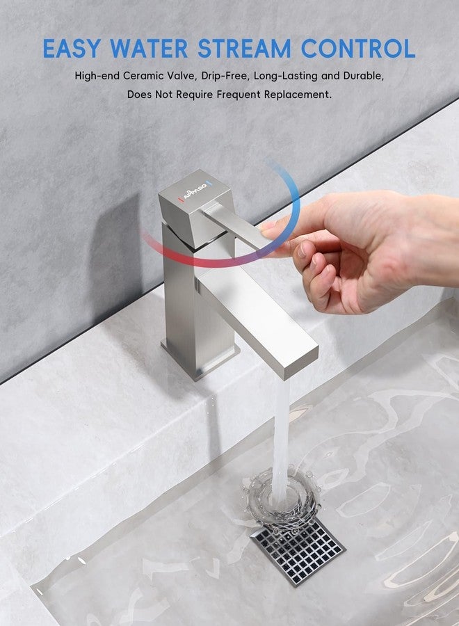 APPASO Bathroom Sink Faucet Brushed Nickel, Single Hole Sink Faucet Spot Resist with Optional Deck Plate for 1 to 3 Hole Installation, Single Handle Stainless with Pop Up Drain for Vanity Bathroom - Image 2