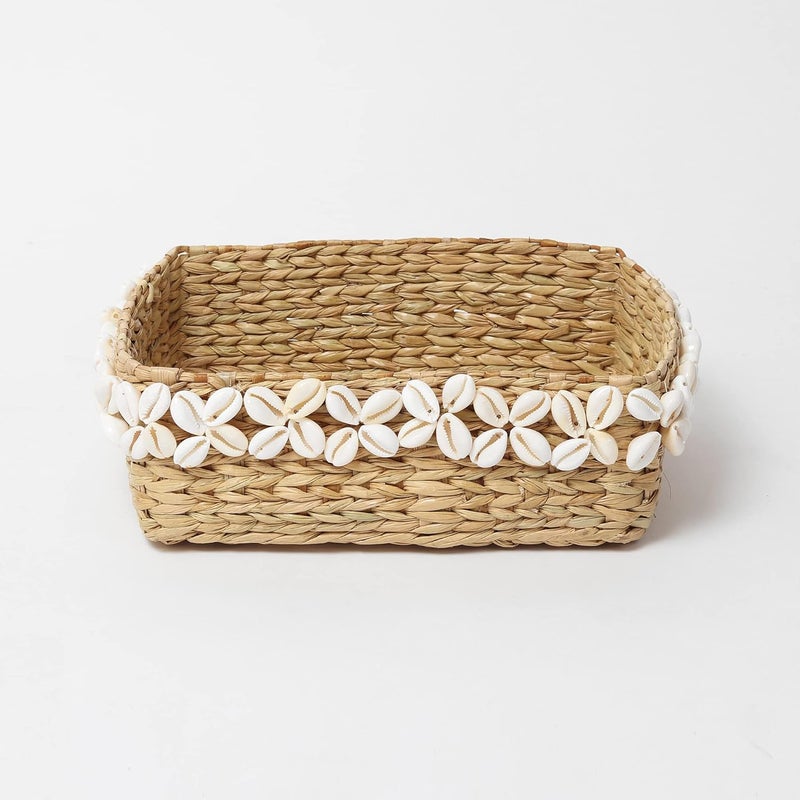 Habere India-All the Cultures Fabricating India Habere IndiaAll the Cultures Fabricating India Wicker Basket Jute Tray Wardrobe Basket Jute Baskets with Shells Bathroom Organizer Basket Organizing Basket Seagrass X Shells  - Image 1