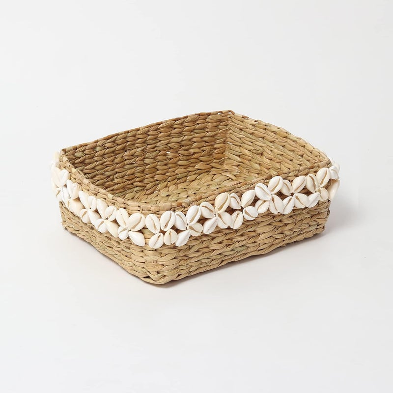 Habere India-All the Cultures Fabricating India Habere IndiaAll the Cultures Fabricating India Wicker Basket Jute Tray Wardrobe Basket Jute Baskets with Shells Bathroom Organizer Basket Organizing Basket Seagrass X Shells  - Image 3
