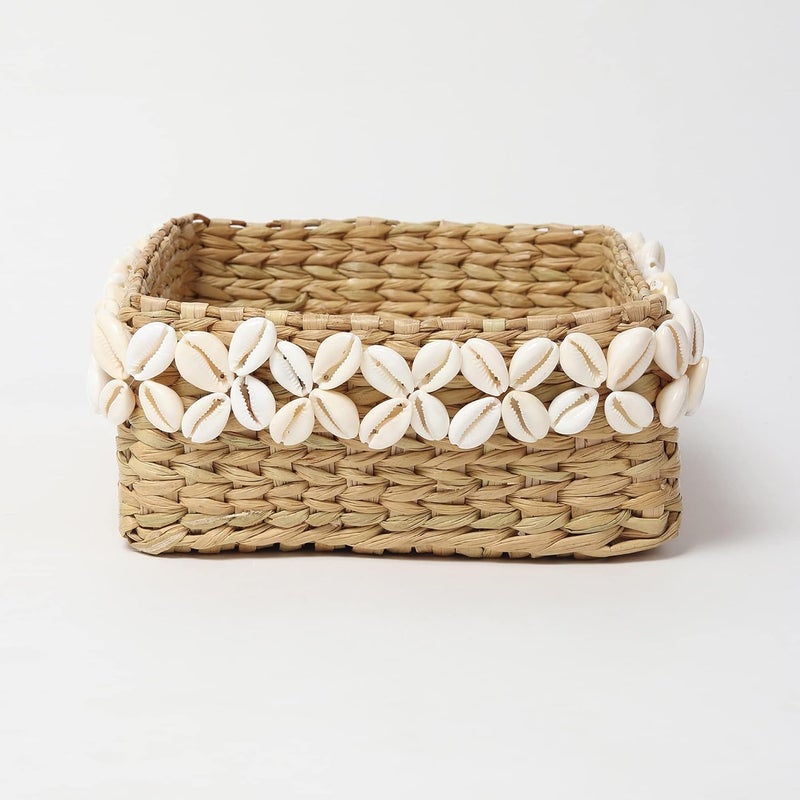 Habere India-All the Cultures Fabricating India Habere IndiaAll the Cultures Fabricating India Wicker Basket Jute Tray Wardrobe Basket Jute Baskets with Shells Bathroom Organizer Basket Organizing Basket Seagrass X Shells  - Image 4