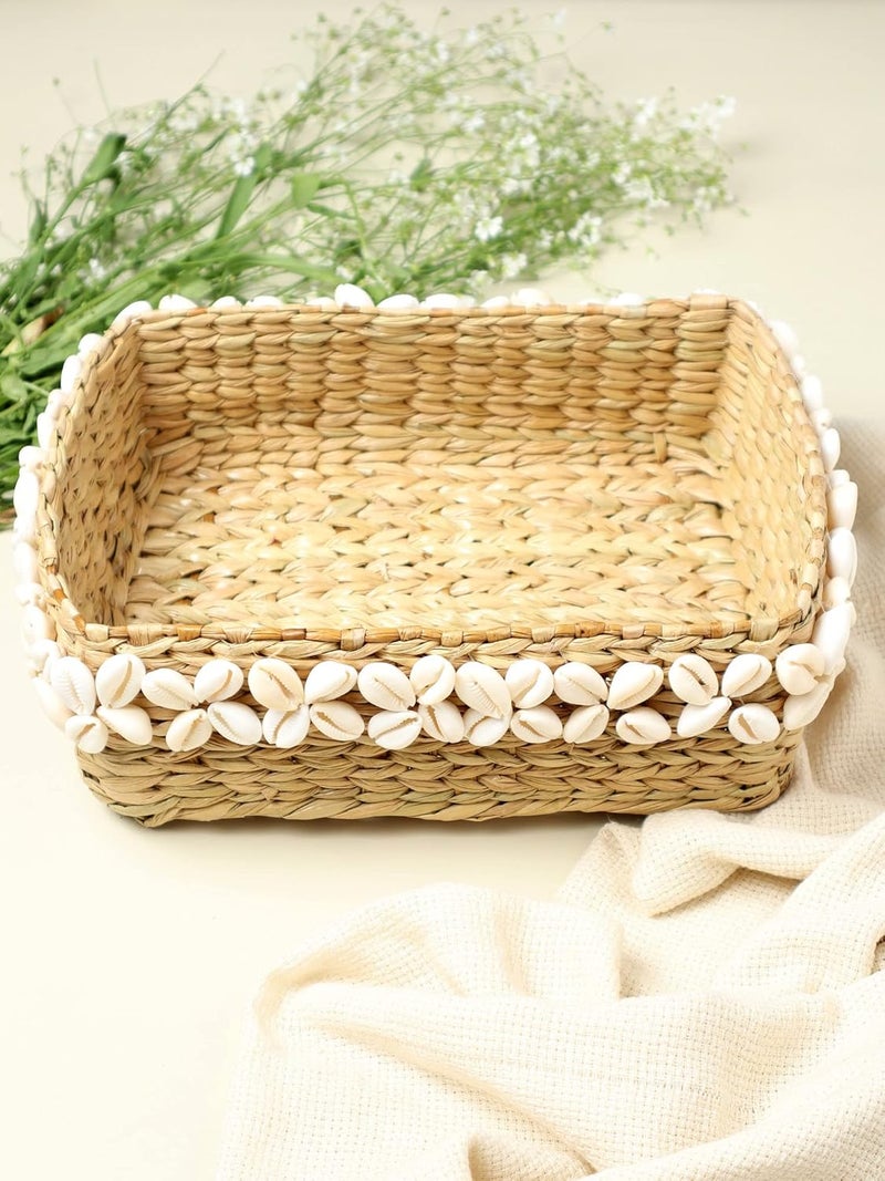 Habere India-All the Cultures Fabricating India Habere IndiaAll the Cultures Fabricating India Wicker Basket Jute Tray Wardrobe Basket Jute Baskets with Shells Bathroom Organizer Basket Organizing Basket Seagrass X Shells  - Image 2