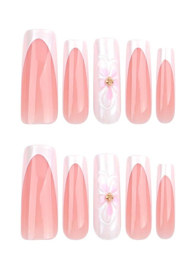 Foccna French Tip Press on Nails Square-White Press on Nails Medium Long, Acrylic Fake Nails Pink 3D Flower Design Nails Clear False Nail Tips,24pcs - Image 4