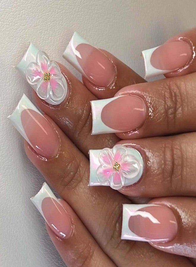 Foccna French Tip Press on Nails Square-White Press on Nails Medium Long, Acrylic Fake Nails Pink 3D Flower Design Nails Clear False Nail Tips,24pcs - Image 1