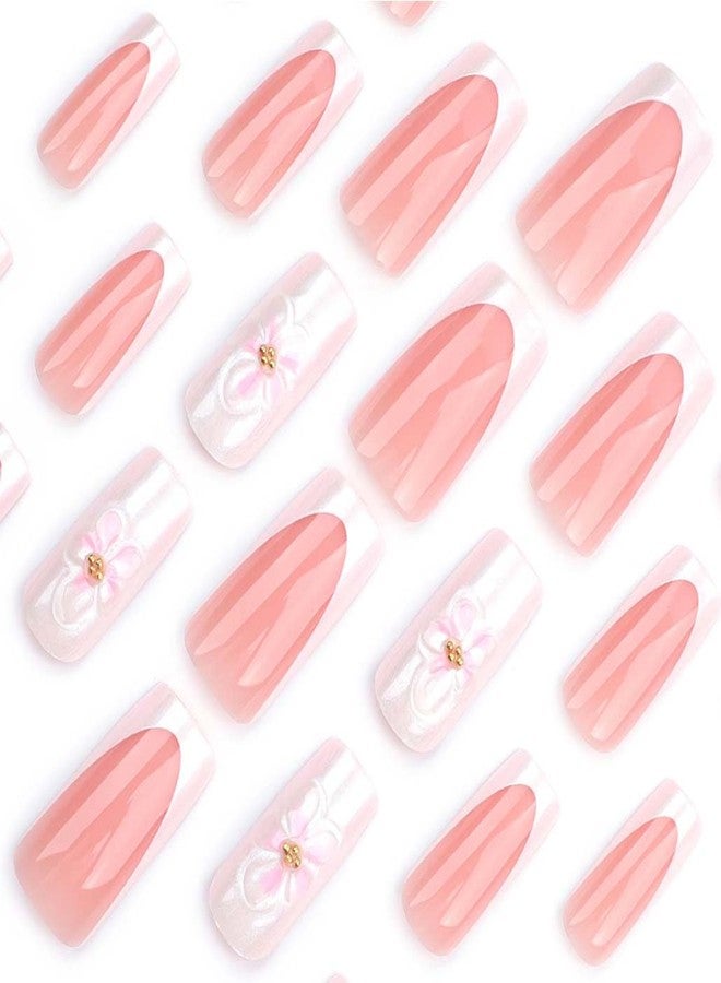 Foccna French Tip Press on Nails Square-White Press on Nails Medium Long, Acrylic Fake Nails Pink 3D Flower Design Nails Clear False Nail Tips,24pcs - Image 3