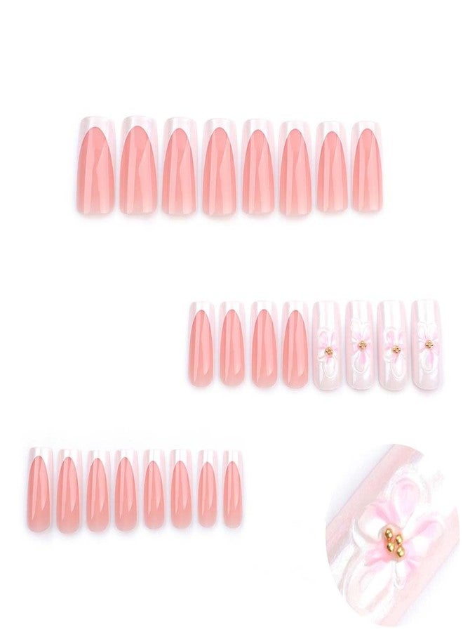 Foccna French Tip Press on Nails Square-White Press on Nails Medium Long, Acrylic Fake Nails Pink 3D Flower Design Nails Clear False Nail Tips,24pcs - Image 2