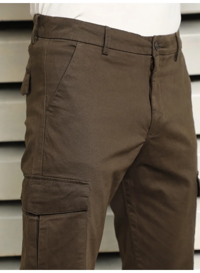 HIGH STAR Men’s Slim Fit Dark Olive Cropped Cargo Trousers – Functional and Modern
