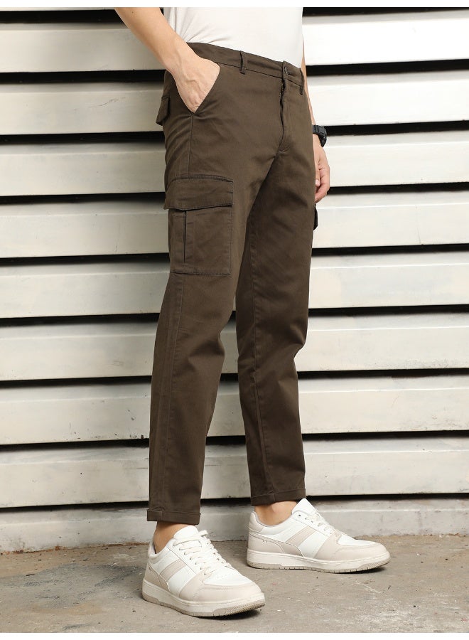 HIGH STAR Men’s Slim Fit Dark Olive Cropped Cargo Trousers – Functional and Modern  - Image 2