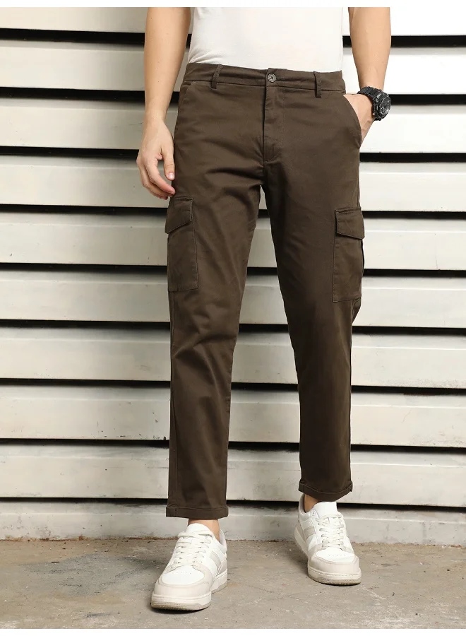 HIGH STAR Men’s Slim Fit Dark Olive Cropped Cargo Trousers – Functional and Modern