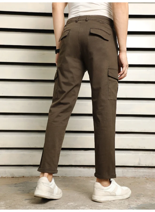 HIGH STAR Men’s Slim Fit Dark Olive Cropped Cargo Trousers – Functional and Modern