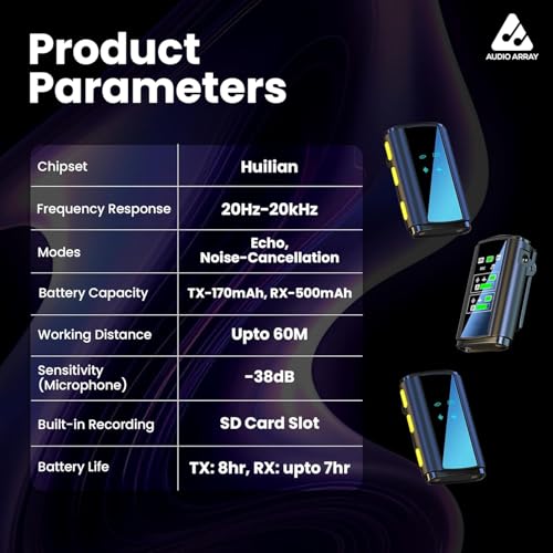 Audio Array AM-W21 Dual Wireless Lapel Mic | TFT Card Recording, Noise Cancellation & Echo | Android, iOS, DSLR Camera, Laptops | 360° Pickup, Plug n Play, 60M Working Range, 48-Hour Battery Life - Image 3