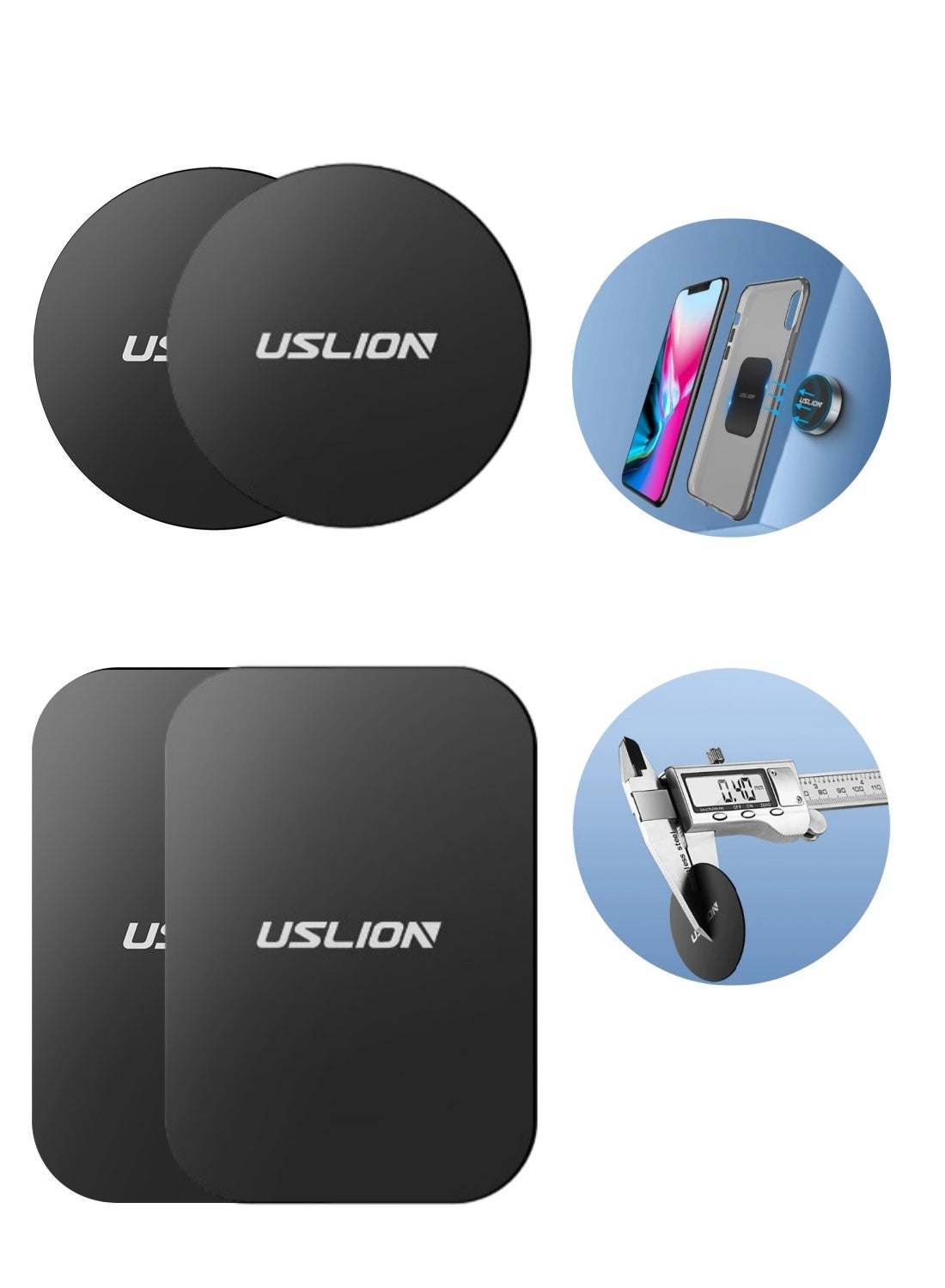 Uslion Metal Plate 4 Pack Replacement Magnet Plate Car Kit 2 Round and 2 Rectangle Black