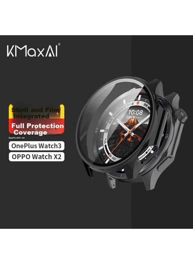 Kmaxai Oppo Watch X2 فيلم واقي + غطاء حماية متكامل بقشرة صلبة + Oneplus Watch 3 حامي الشاشة مضاد للخدش مضاد لبصمات الأصابع مضاد للسقوط فيلم مقوى أسود - Image 1