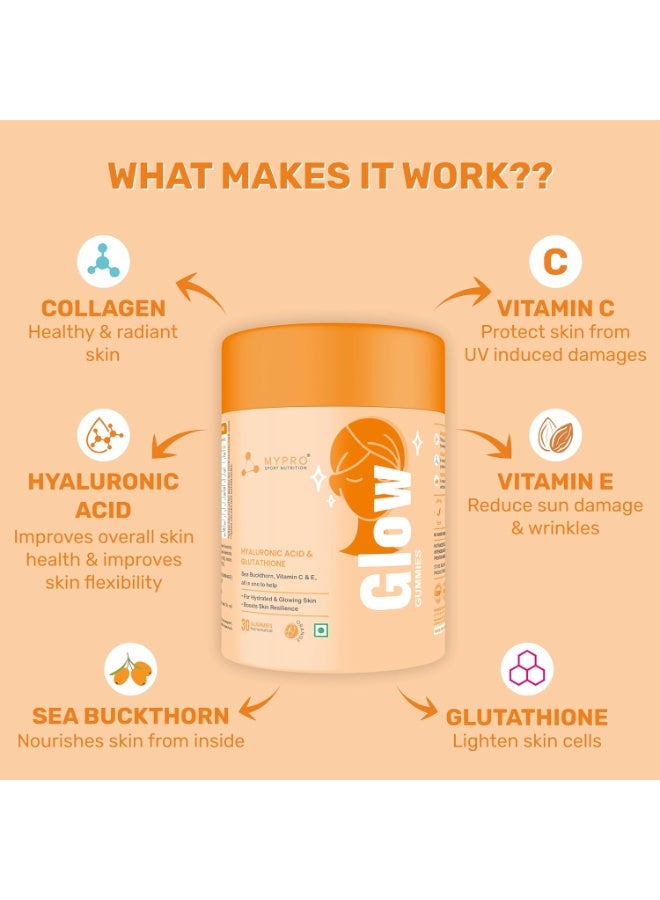 MYPRO SPORT NUTRITION Glow Skin Gummeis | with Glutathione&hyaluronic Acid,sea Buckthorn,vitamin C & E | to Support Healthier&youthful Skin Health | Natural Orange Flavoured for Men&women-30 Gummies - Image 2