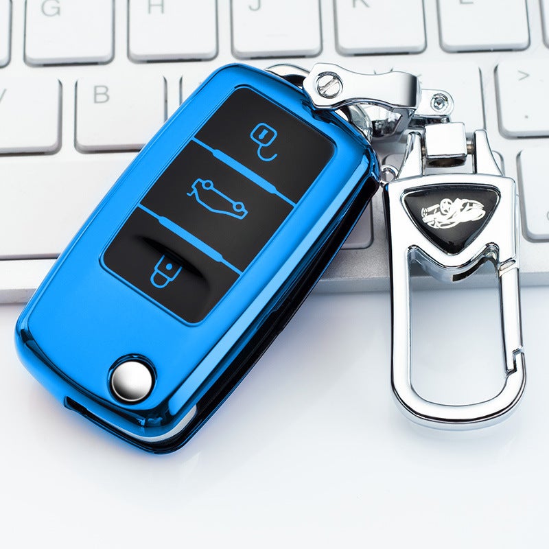 Suitable for Volkswagen key case buckle cover, Langxing new Sagitar, Weiling, Bora, Lavida, Jetta, Polo Tiguan Volkswagen Model A - Folding 3-button [Sapphire Blue] single shell + upgraded anti-lost metal buckle - Image 1