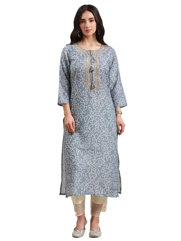 Varanga Bandhej Gota Patti Embroidery Straight Kurta with Dori Tassel Embellishment in Light Grey Color (Extra Large) - Image 1