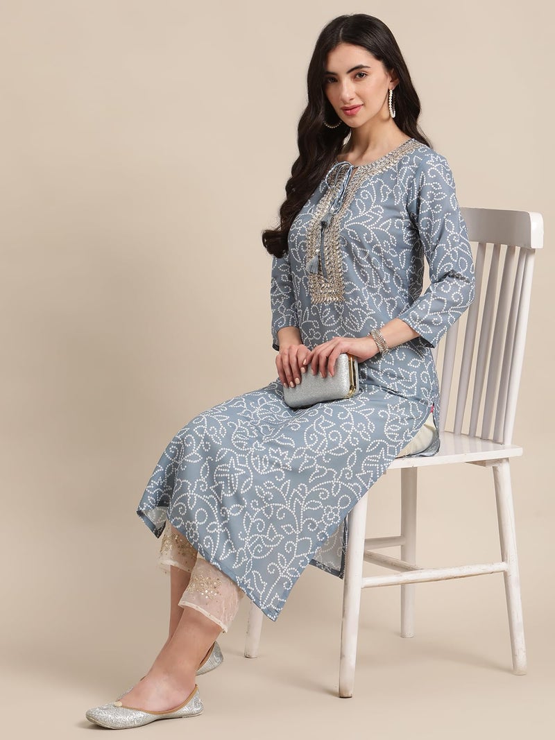 Varanga Bandhej Gota Patti Embroidery Straight Kurta with Dori Tassel Embellishment in Light Grey Color (Extra Large) - Image 5
