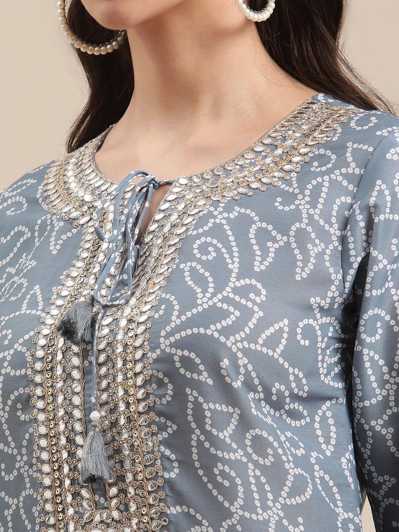 Varanga Bandhej Gota Patti Embroidery Straight Kurta with Dori Tassel Embellishment in Light Grey Color (Extra Large) - Image 4