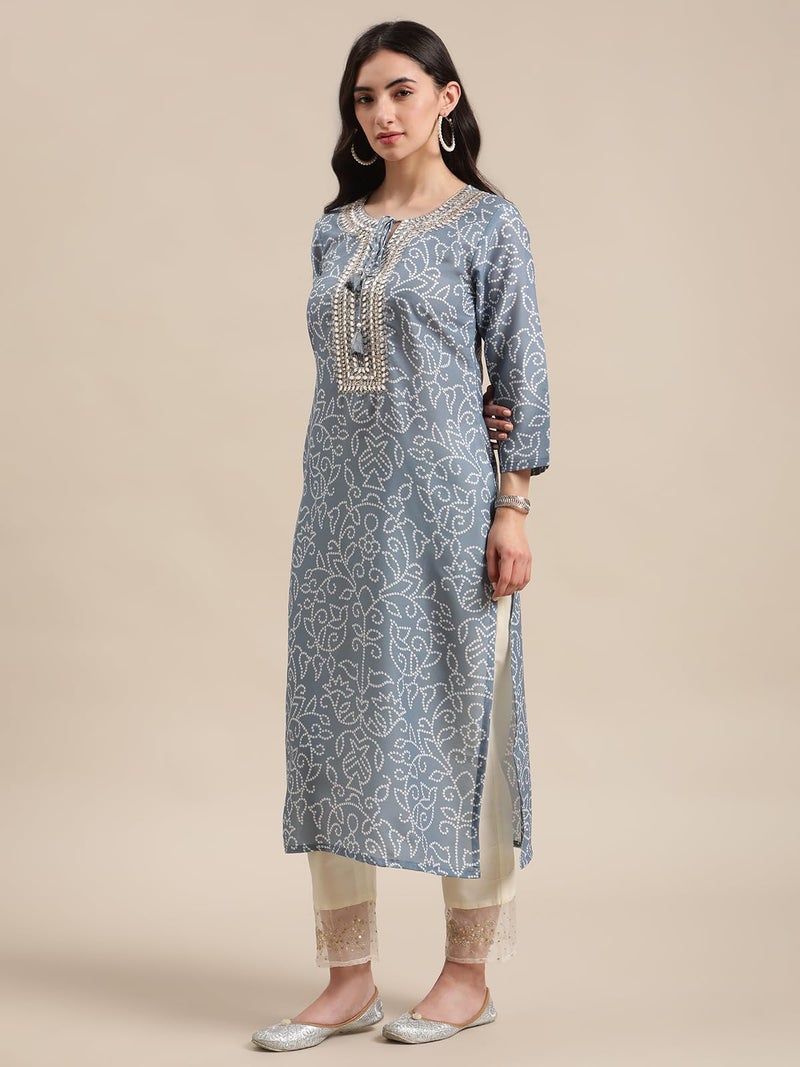 Varanga Bandhej Gota Patti Embroidery Straight Kurta with Dori Tassel Embellishment in Light Grey Color (Extra Large) - Image 2