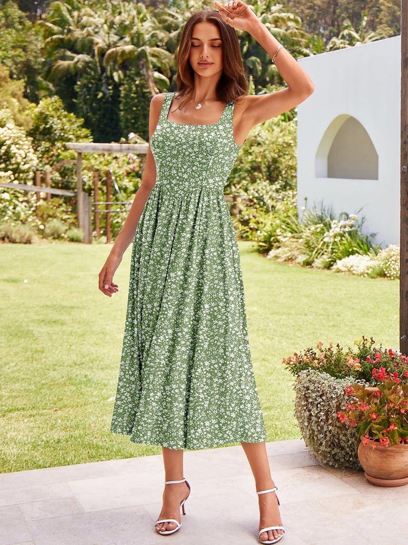 YATHON Wedding Guest Dresses for Women Spring 2026 Green Floral Midi Garden Party Cocktail Dress with Pockets Formal (YT638-light Gre Flo,L) - Image 4