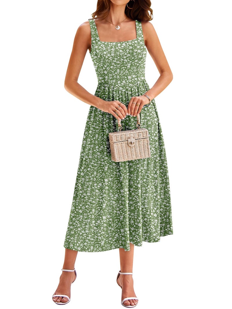YATHON Wedding Guest Dresses for Women Spring 2026 Green Floral Midi Garden Party Cocktail Dress with Pockets Formal (YT638-light Gre Flo,L) - Image 1