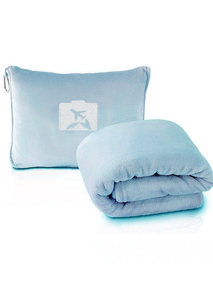 Travel Blanket and Pillow - Premium Soft 2 in 1 Airplane Blanket with Soft Bag Pillowcase, Hand Luggage Sleeve and Backpack Clip (Teal) - Image 1