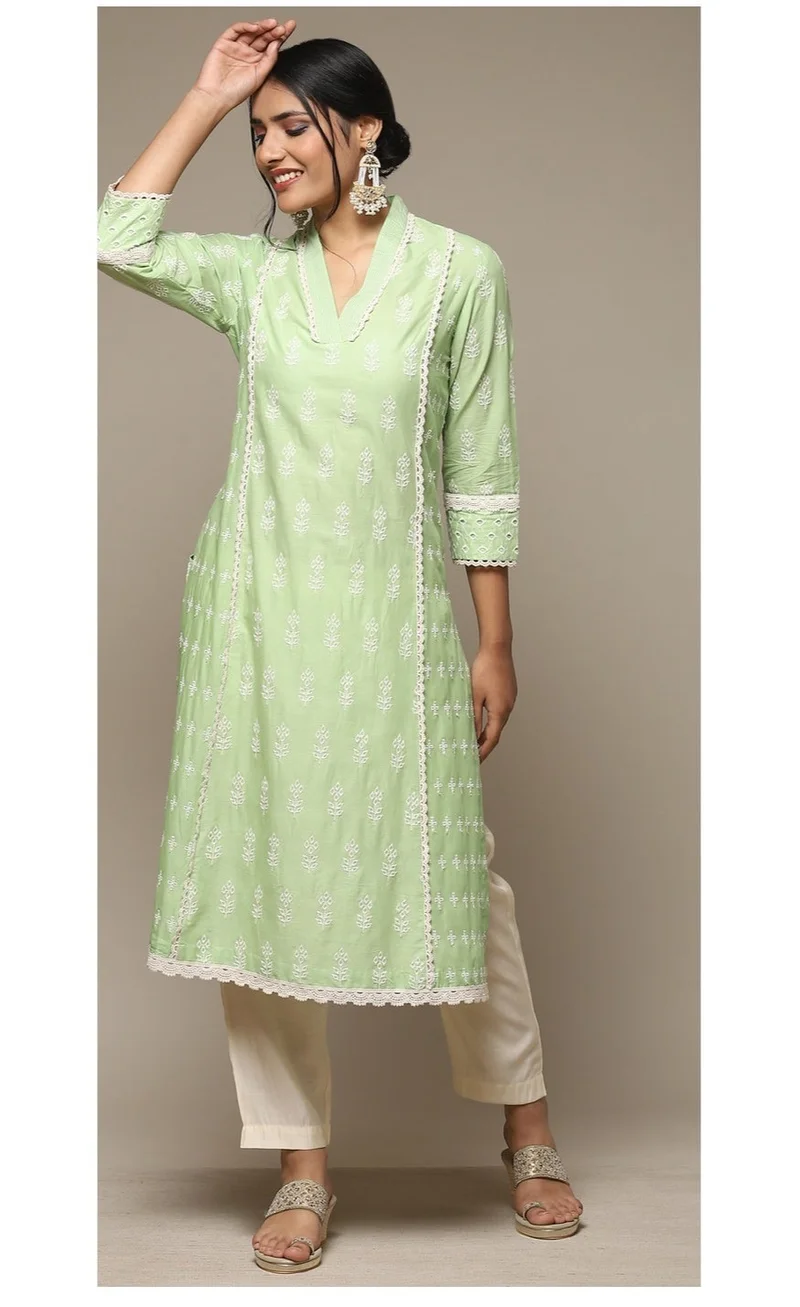 Biba Green Cotton Straight Embroidered Kurta