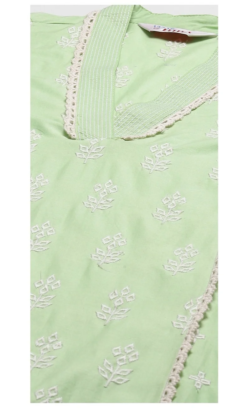 Biba Green Cotton Straight Embroidered Kurta