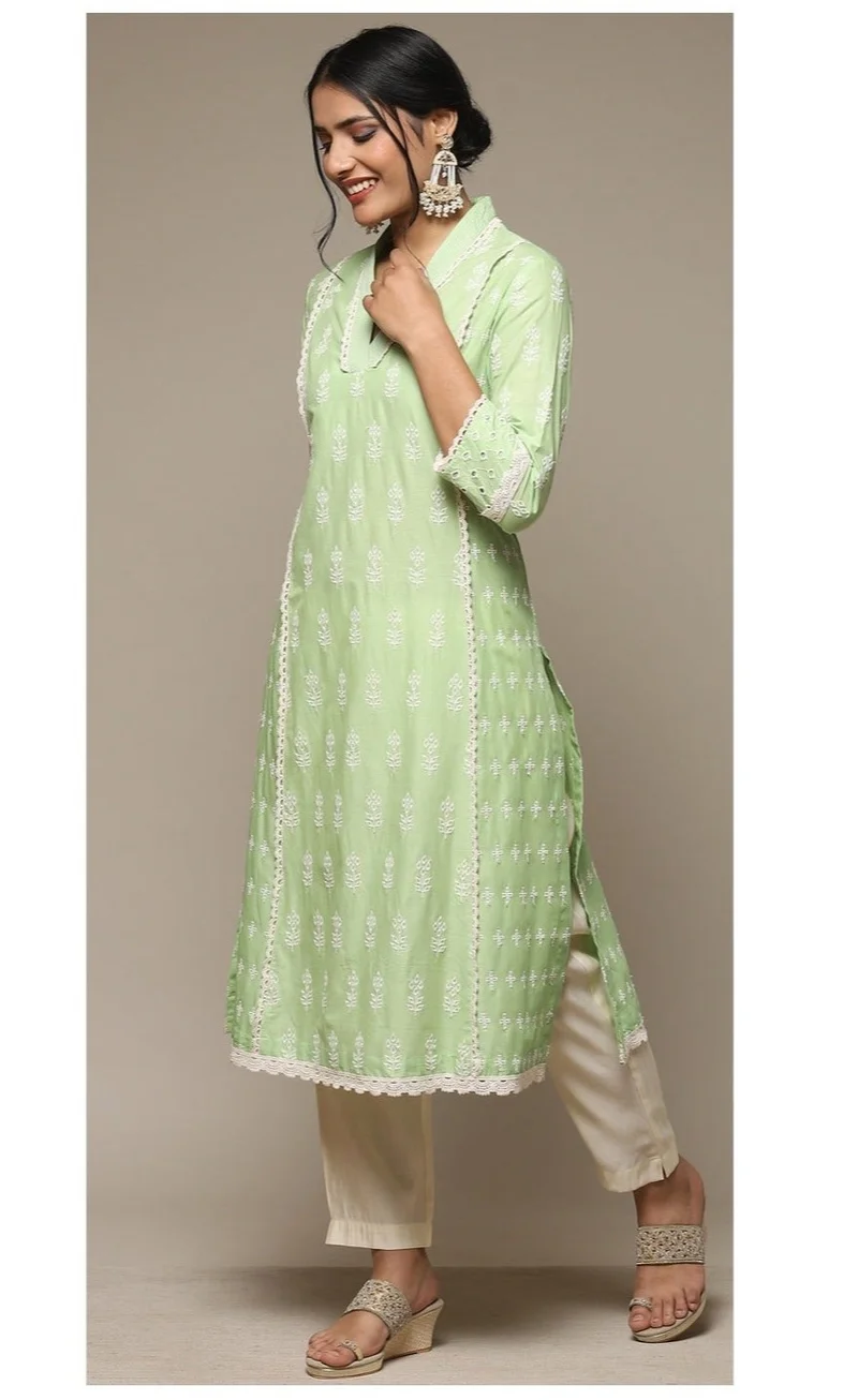 Biba green Green Cotton Straight Embroidered Kurta for Women | Best Price UAE