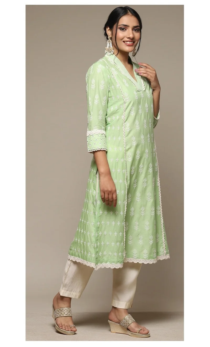 Biba green Green Cotton Straight Embroidered Kurta for Women | Best Price UAE