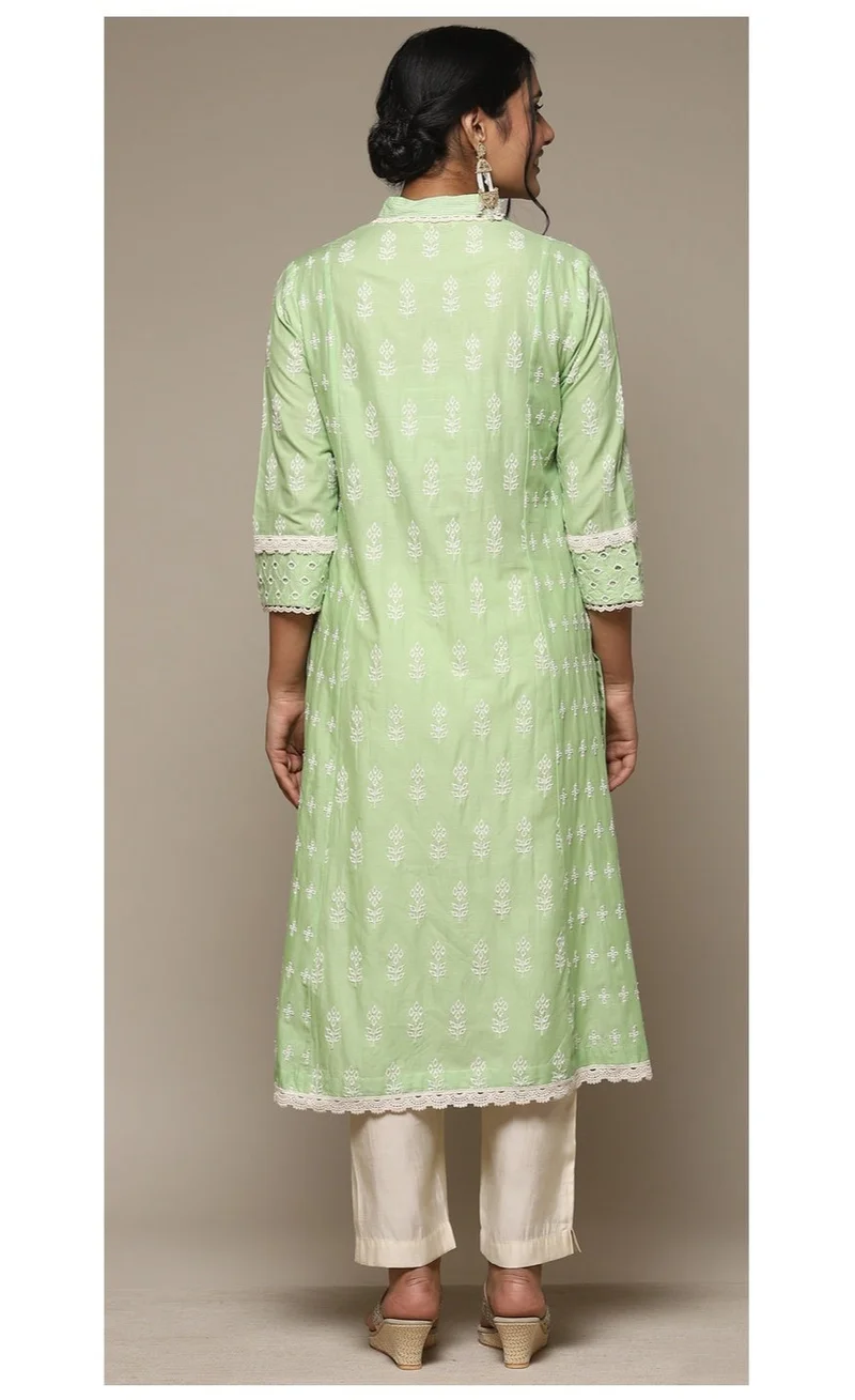 Biba green Green Cotton Straight Embroidered Kurta for Women | Best Price UAE