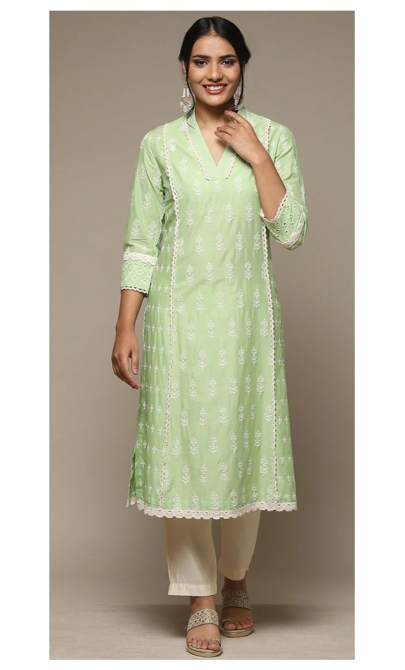 Biba green Green Cotton Straight Embroidered Kurta for Women | Best Price UAE
