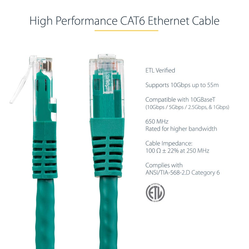 StarTech.com 3ft CAT6 Ethernet Cable - Green CAT 6 Gigabit Ethernet Wire -650MHz 100W PoE++ RJ45 UTP Molded Category 6 Network/Patch Cord w/Strain Relief/Fluke Tested UL/TIA Certified (C6PATCH3GN) - Image 2