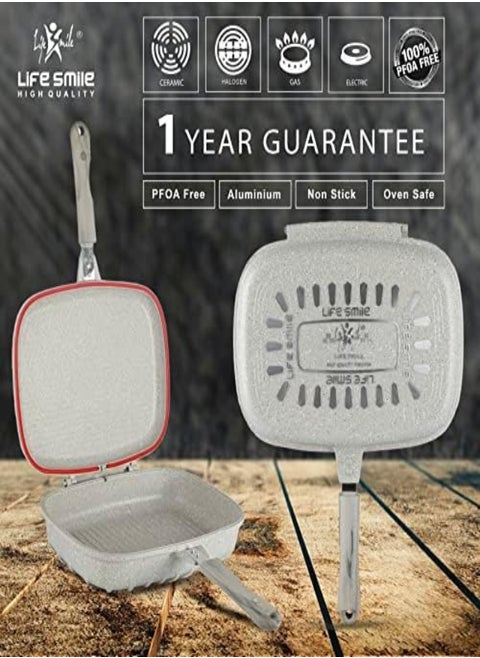 Life Smile 36 Cm Smart Double Grill Pan - Multi Layer Granite Non-Stick Coating With Magnetic Handle - Flipping Grill Frying Pan, Multiple Hob Compatibility (Grey)