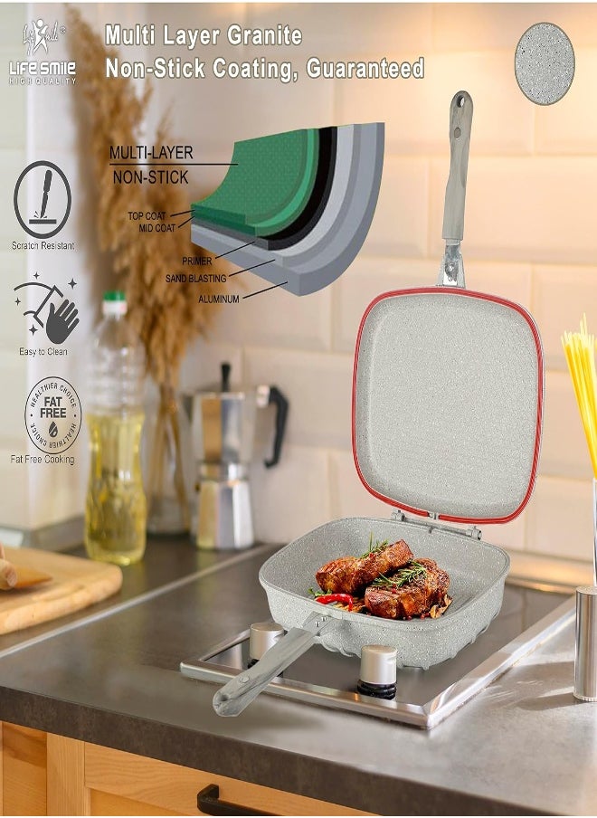 AKDC Life Smile 36 Cm Smart Double Grill Pan - Multi Layer Granite Non-Stick Coating With Magnetic Handle - Flipping Grill Frying Pan, Multiple Hob Compatibility (Grey)  - Image 3