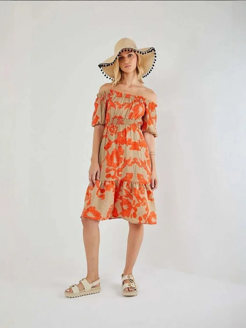 Mixray Floral Ruffled Off-Shoulder Midi Dress with Tie Detail