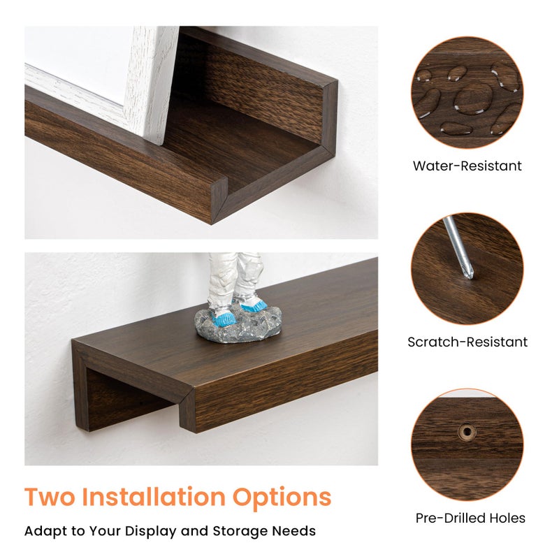 RICHFOCUS Picture Ledge Shelf, 16 inch Floating Shelves Set of 2, Wood Wall Shelves with Lip, Wall Decor Storage for Bedroom Living Room Bathroom Kitchen Nursery Photo Picture, Walnut - Image 5