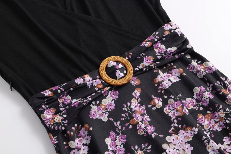 HELYO A Line Dresses for Women Elegant Criss-Cross V Neck Vintage 50s Floral Print Cocktail Tea Fit and Flare Dress with Pockets 980 Black Purple M - Image 4