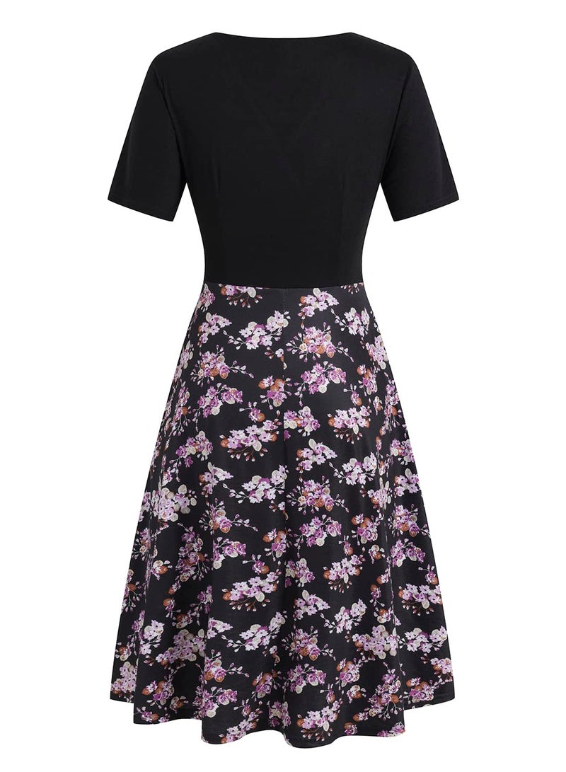 HELYO A Line Dresses for Women Elegant Criss-Cross V Neck Vintage 50s Floral Print Cocktail Tea Fit and Flare Dress with Pockets 980 Black Purple M - Image 3