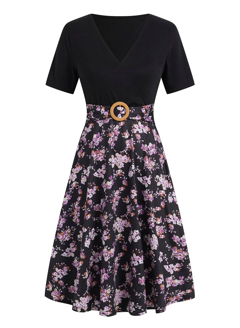HELYO A Line Dresses for Women Elegant Criss-Cross V Neck Vintage 50s Floral Print Cocktail Tea Fit and Flare Dress with Pockets 980 Black Purple M - Image 2