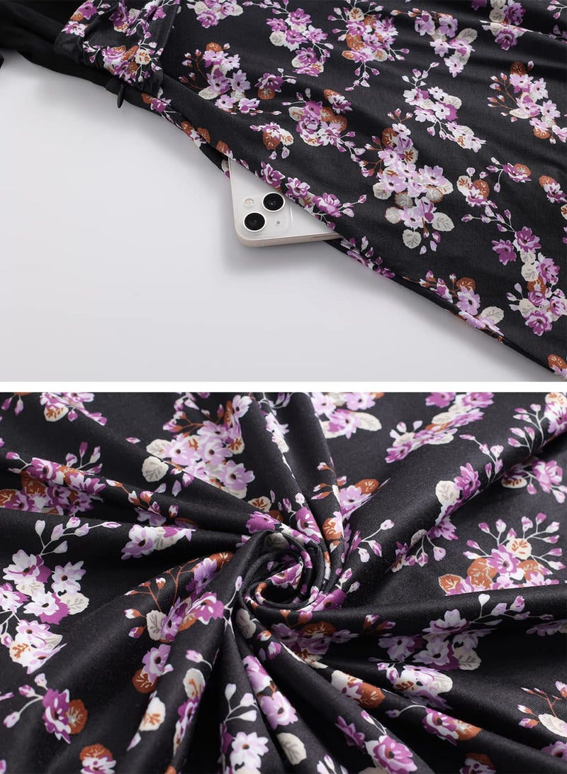 HELYO A Line Dresses for Women Elegant Criss-Cross V Neck Vintage 50s Floral Print Cocktail Tea Fit and Flare Dress with Pockets 980 Black Purple M - Image 5
