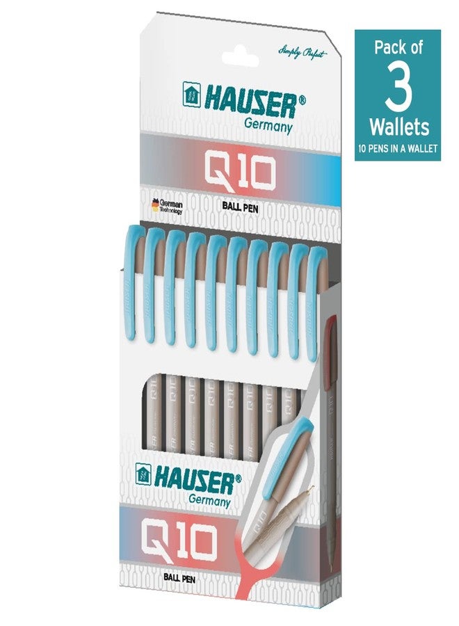 Hauser Q10 Ball Pen Wallet Pack | Trendy Durable Plastic Clip | Comfortable Rubber Grip For Smudge Free Writing | Attractive Solid Grey Body | Low-Viscosity Ink | Blue Ink, Set Of 10 X 3 Pack - Image 2