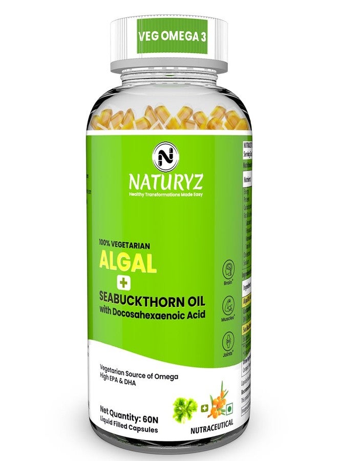 Naturyz Vegetarian Omega 3 Algae + Sea buckthorn Oil Capsules 1120mg | Highest Strength DHA 400mg | Gelatin Free, No Burps, No Fish Oil | Supports Healthy Heart, Skin, Brain & Gut | Plant source for Men & Women | 60 Liquid fill Capsules - Image 1