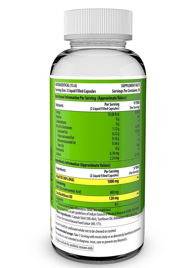 Naturyz Vegetarian Omega 3 Algae + Sea buckthorn Oil Capsules 1120mg | Highest Strength DHA 400mg | Gelatin Free, No Burps, No Fish Oil | Supports Healthy Heart, Skin, Brain & Gut | Plant source for Men & Women | 60 Liquid fill Capsules - Image 2