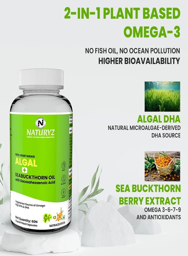 Naturyz Vegetarian Omega 3 Algae + Sea buckthorn Oil Capsules 1120mg | Highest Strength DHA 400mg | Gelatin Free, No Burps, No Fish Oil | Supports Healthy Heart, Skin, Brain & Gut | Plant source for Men & Women | 60 Liquid fill Capsules - Image 3