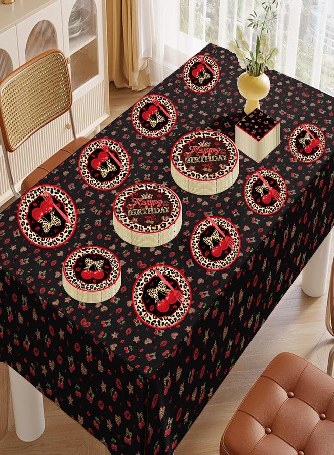 Wxiben Cheetah Print Birthday Decorations - 98 Pcs Cheetah Cherry Party Tableware Set Includes Tablecloths Plates Napkins Forks, Red Leopard Print Supplies for Women Birthday Party - Image 5