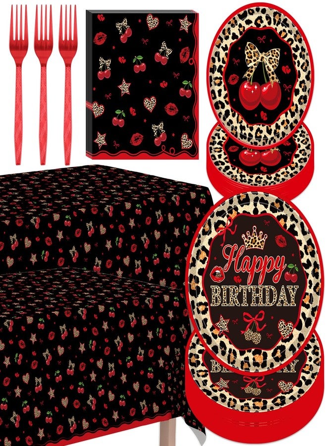 Wxiben Cheetah Print Birthday Decorations - 98 Pcs Cheetah Cherry Party Tableware Set Includes Tablecloths Plates Napkins Forks, Red Leopard Print Supplies for Women Birthday Party - Image 1